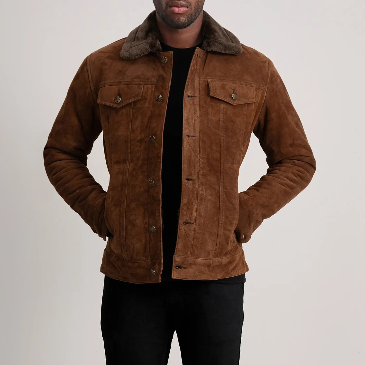 Dallis Brown Suede Shearling Trucker Jacket by Dash Racegear - men Jacket view 1