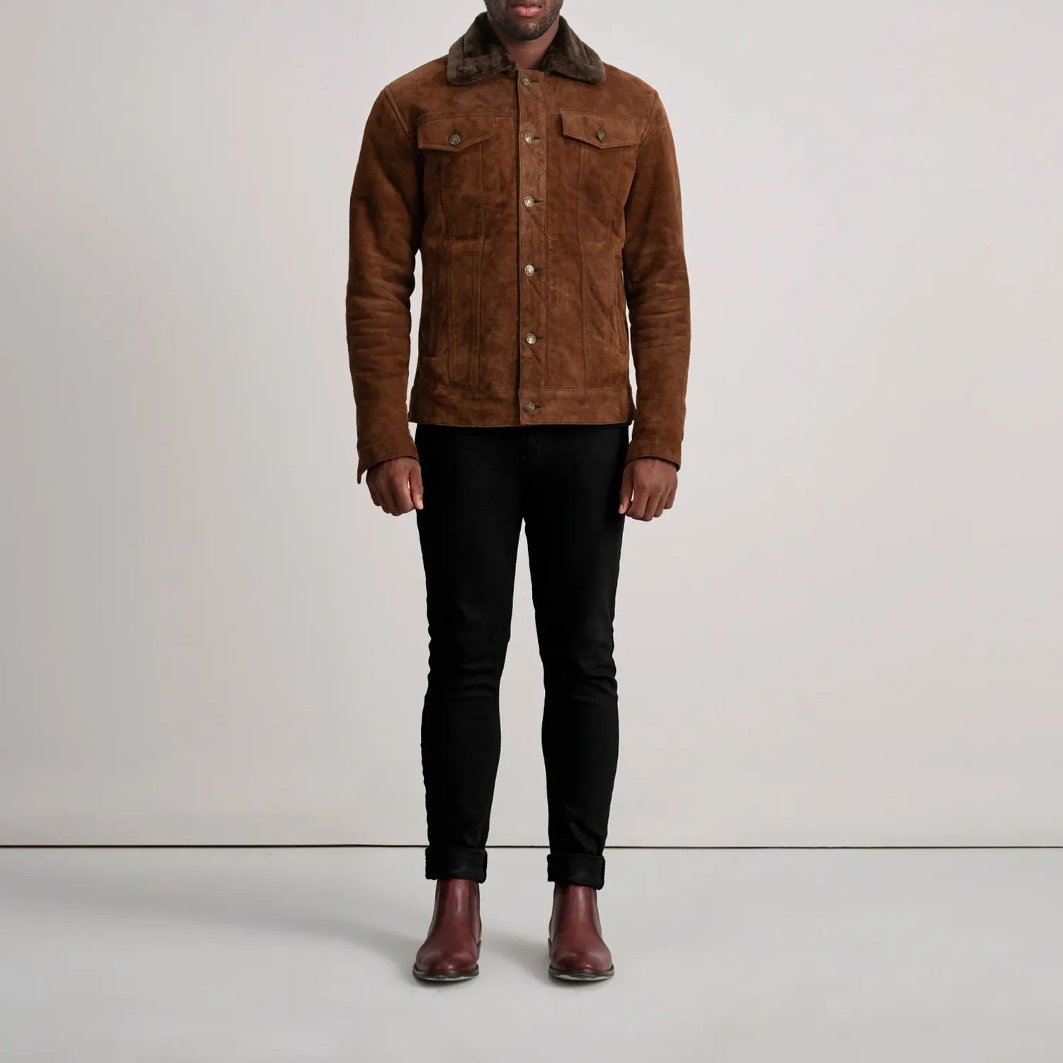 Dallis Brown Suede Shearling Trucker Jacket by Dash Racegear - men Jacket view 3