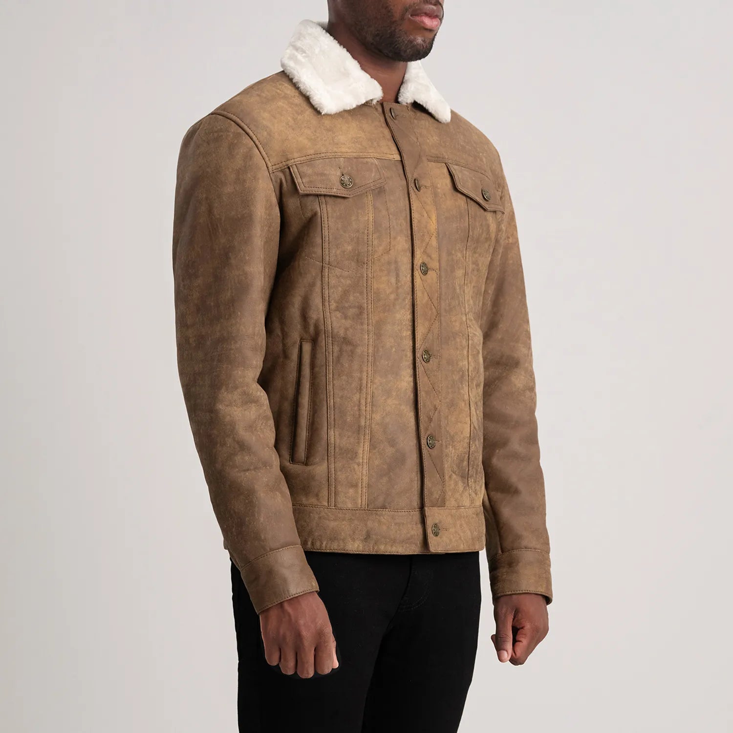Dallis Distressed Brown Leather Shearling Trucker Jacket by Dash Racegear - men Jacket view 2