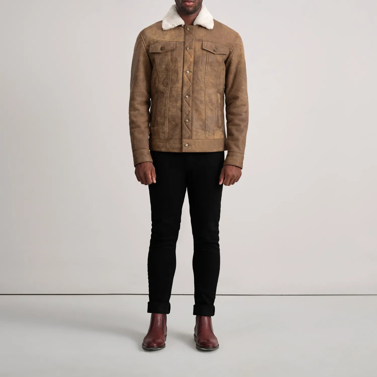 Dallis Distressed Brown Leather Shearling Trucker Jacket by Dash Racegear - men Jacket view 3