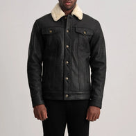 Dallis Distressed Black Leather Shearling Trucker Jacket by Dash Racegear - men Jacket view 1