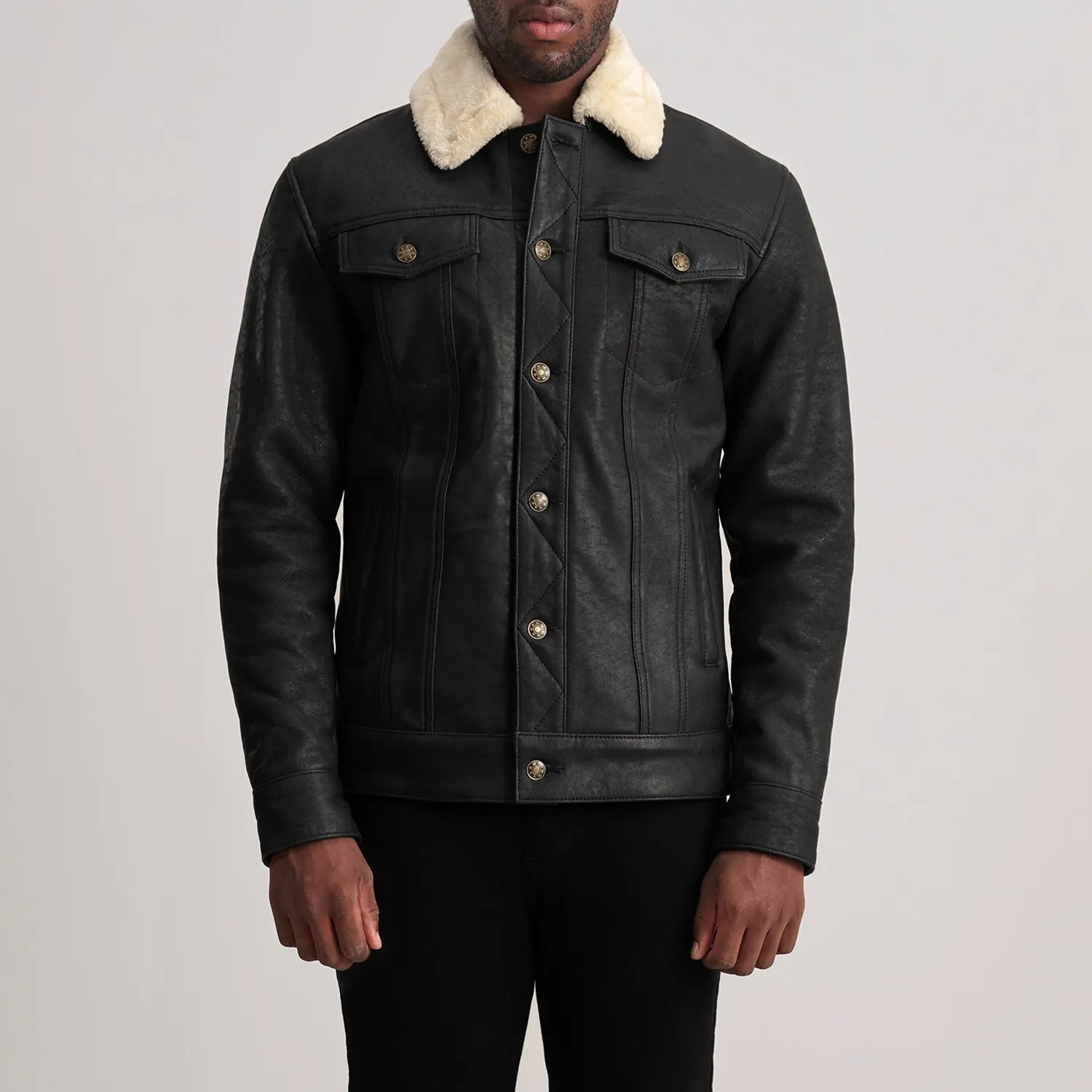 Dallis Distressed Black Leather Shearling Trucker Jacket by Dash Racegear - men Jacket view 1