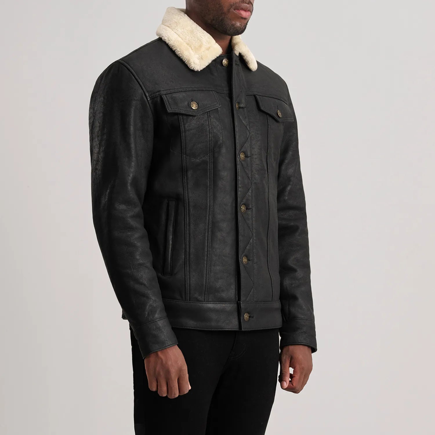 Dallis Distressed Black Leather Shearling Trucker Jacket by Dash Racegear - men Jacket view 2