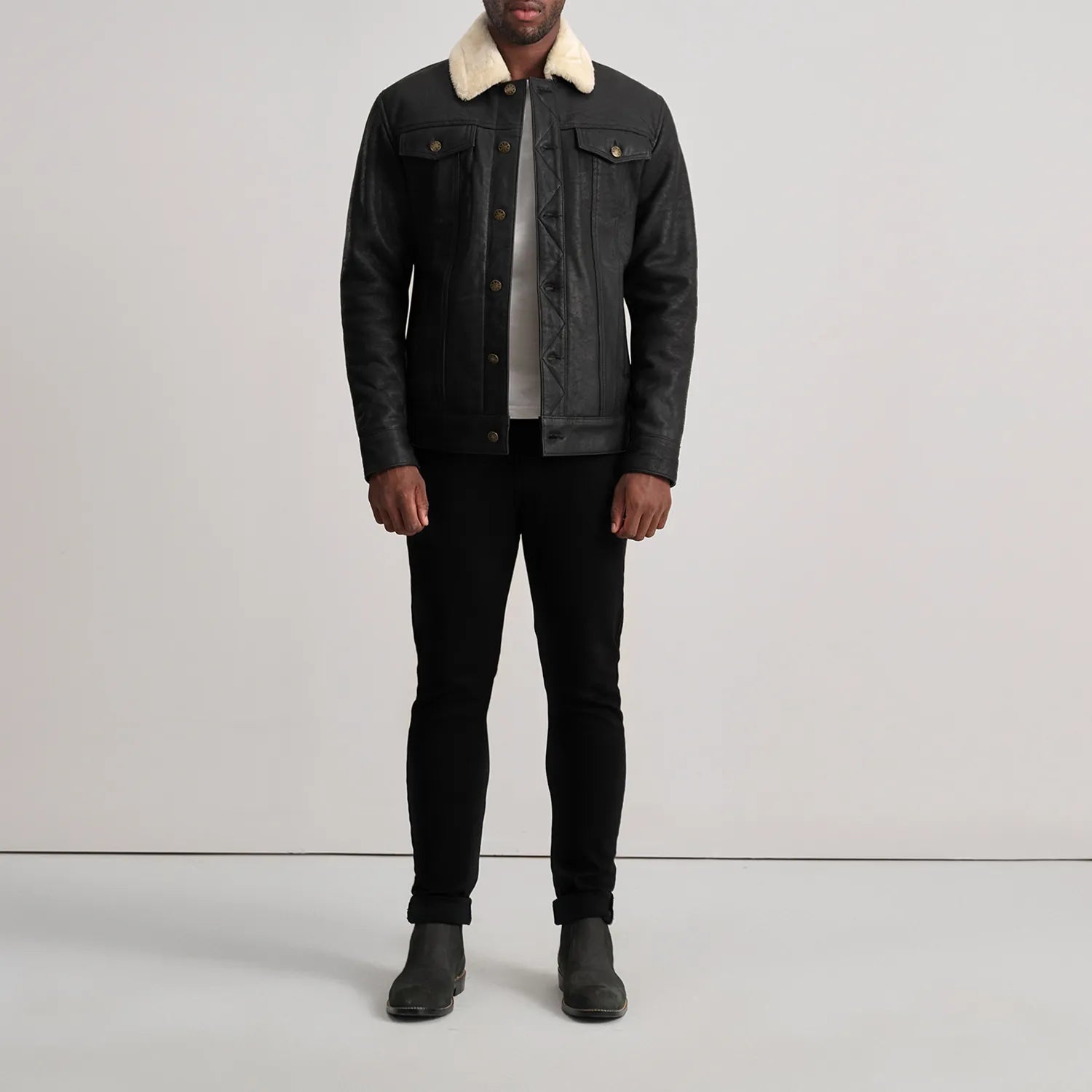 Dallis Distressed Black Leather Shearling Trucker Jacket by Dash Racegear - men Jacket view 3