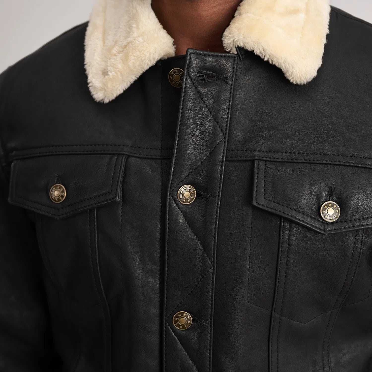 Dallis Distressed Black Leather Shearling Trucker Jacket by Dash Racegear - men Jacket view 6