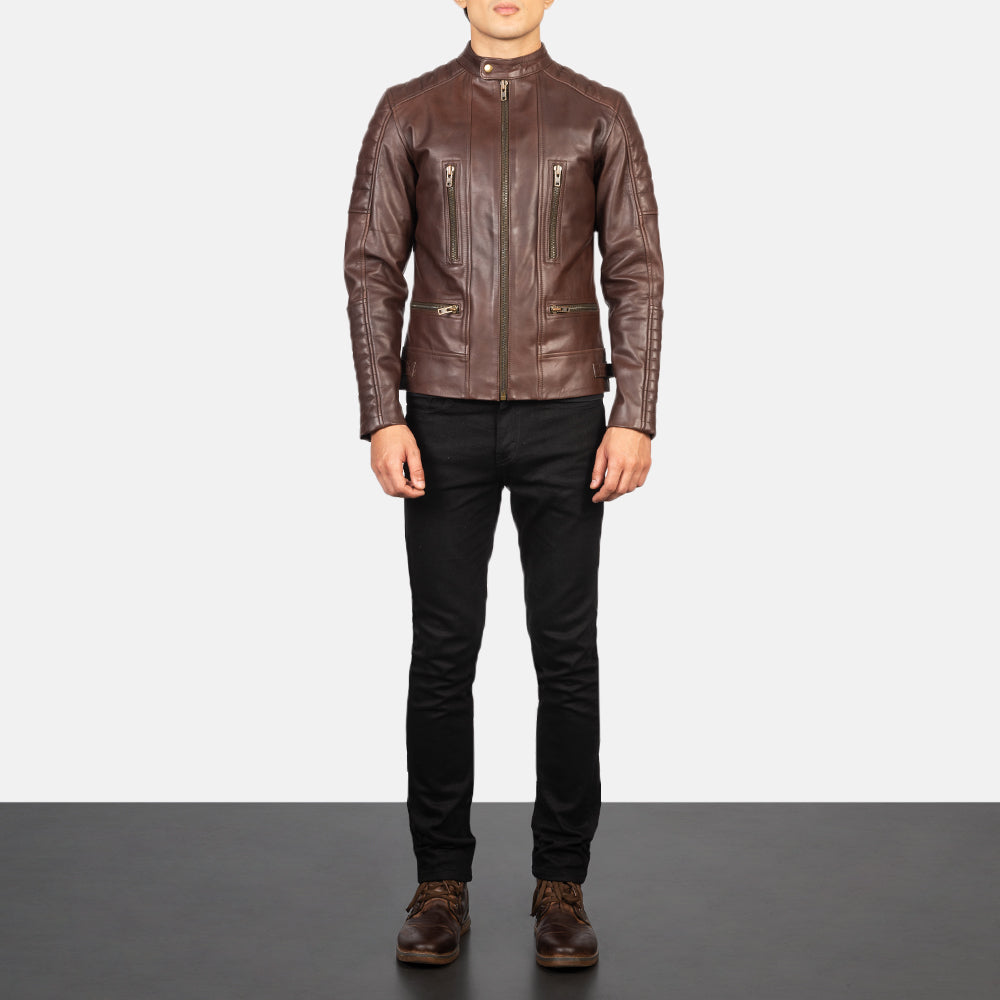 Damian Brown Leather Biker Jacket by Dash Racegear - men Jacket view 3