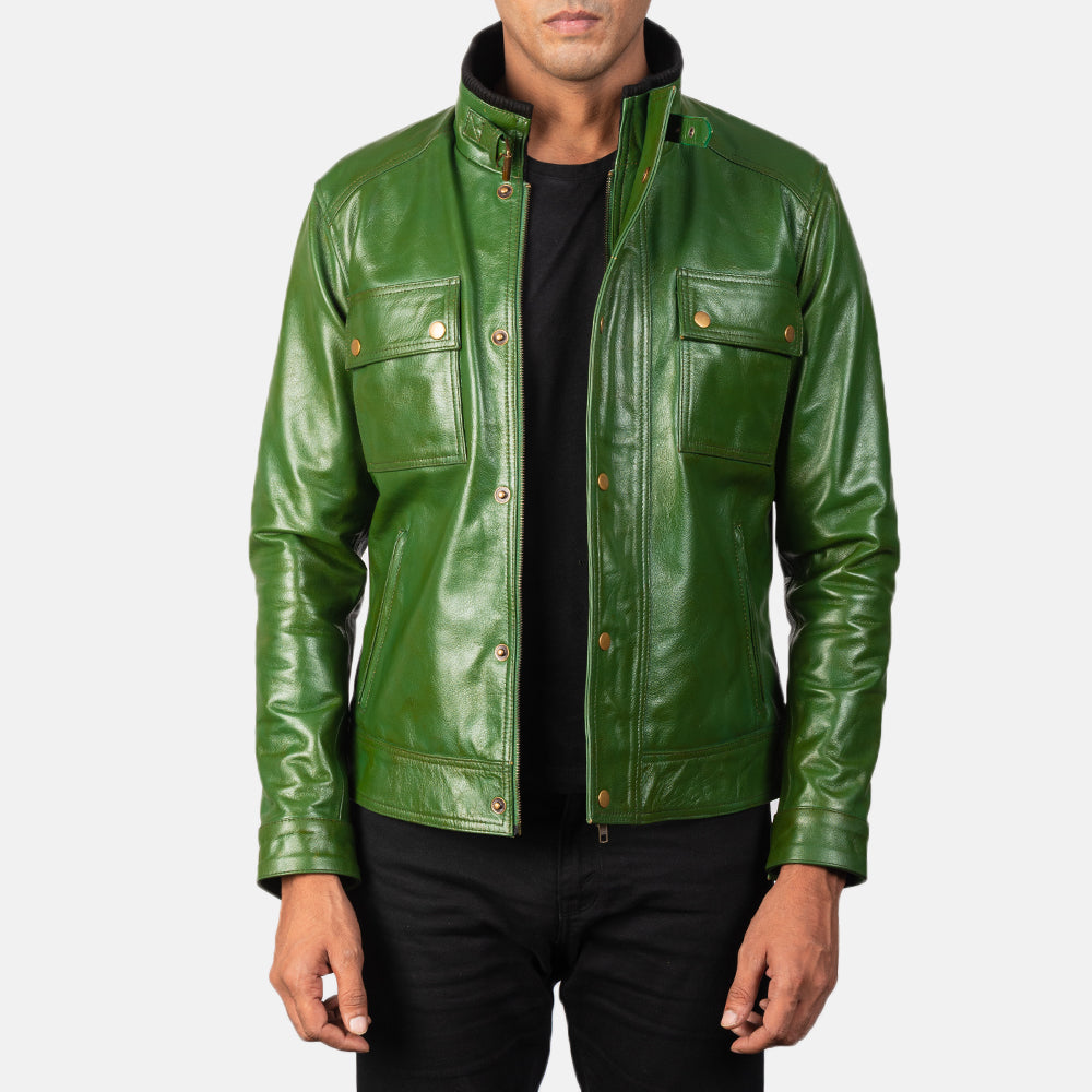 Darren Distressed Green Leather Biker Jacket by Dash Racegear - men Jacket view 1