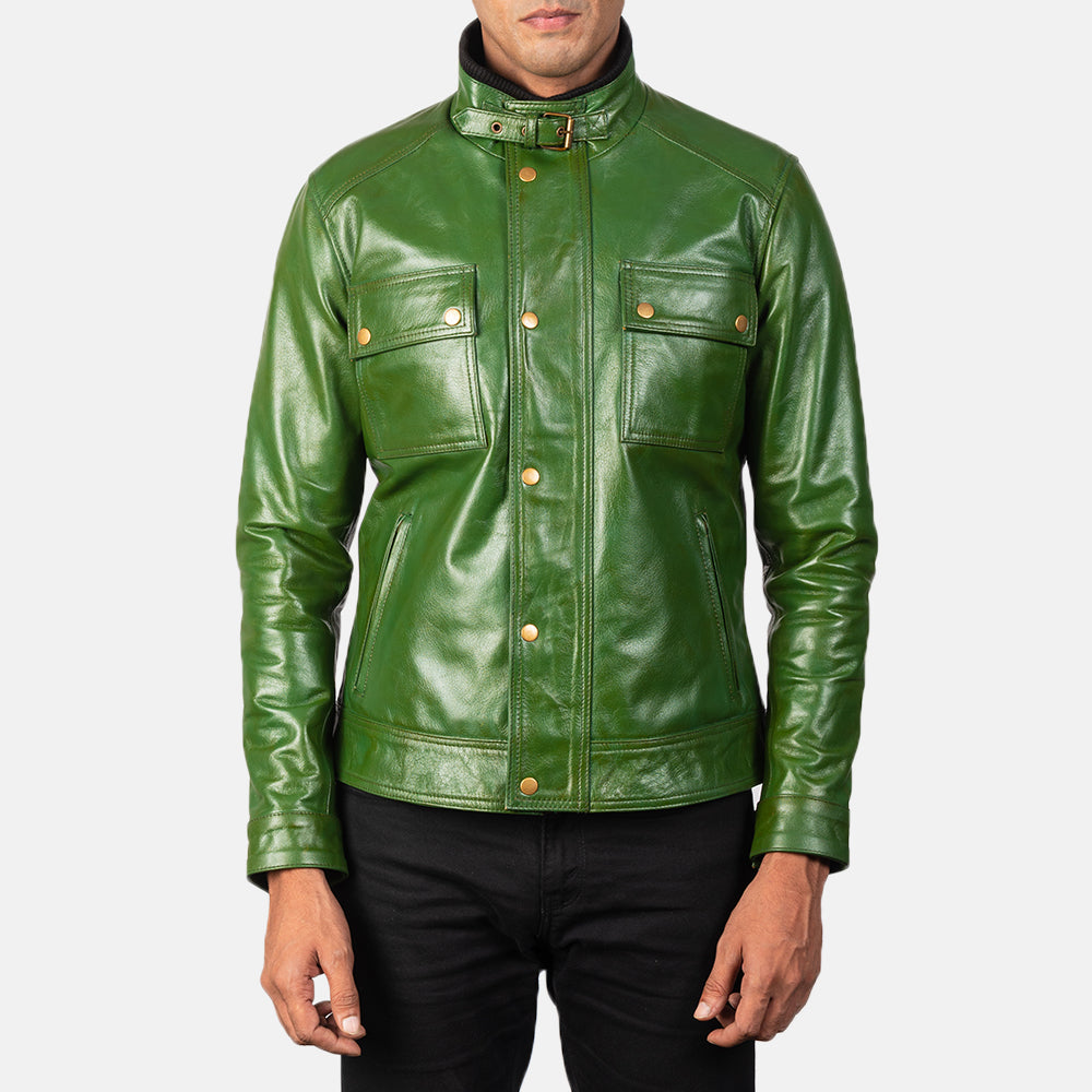 Darren Distressed Green Leather Biker Jacket by Dash Racegear - men Jacket view 3