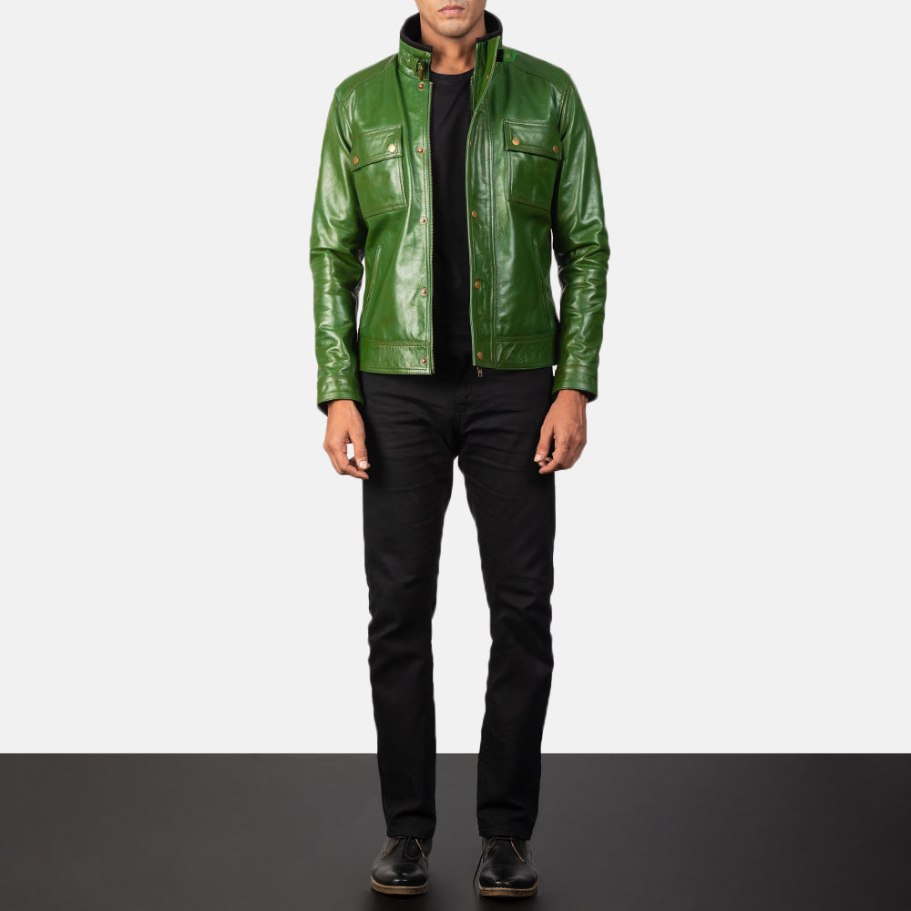 Darren Distressed Green Leather Biker Jacket by Dash Racegear - men Jacket view 4