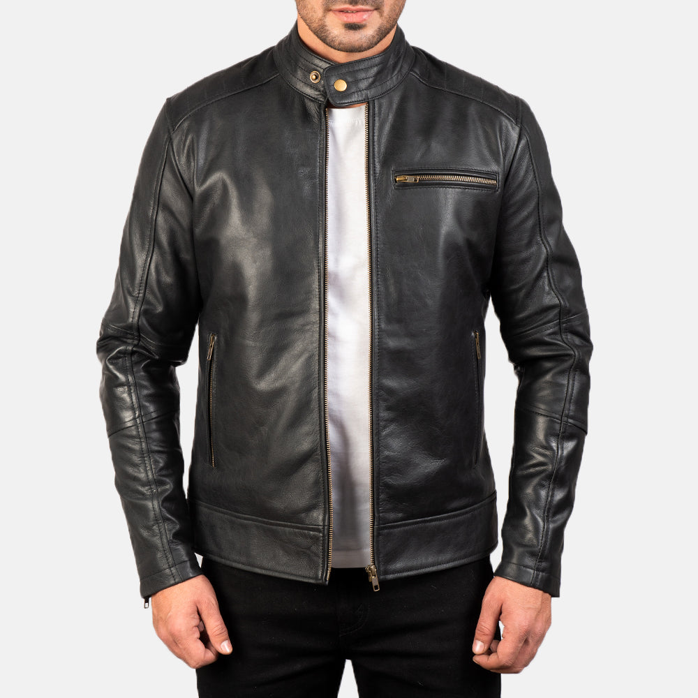 Dean Black Leather Biker Jacket by Dash Racegear - men Jacket view 1