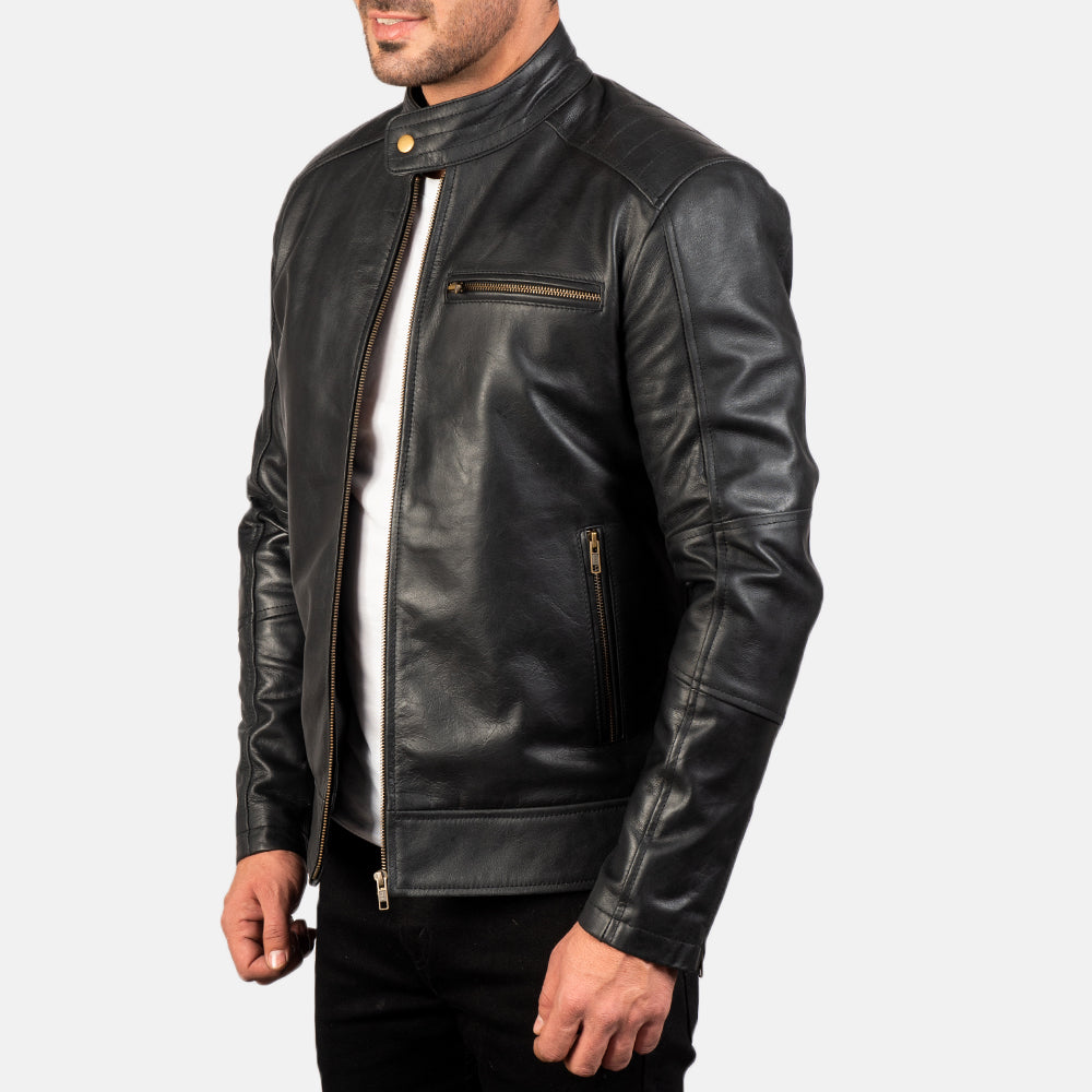 Dean Black Leather Biker Jacket by Dash Racegear - men Jacket view 2