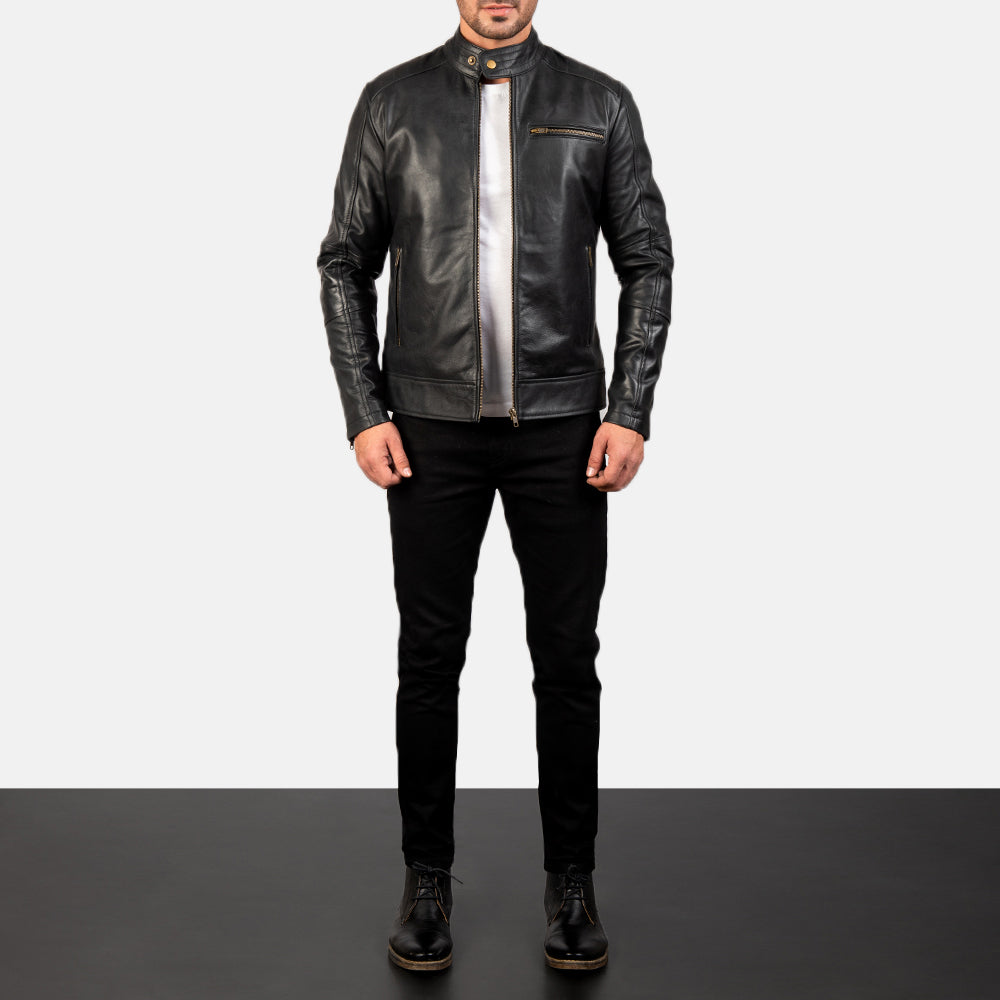 Dean Black Leather Biker Jacket by Dash Racegear - men Jacket view 3