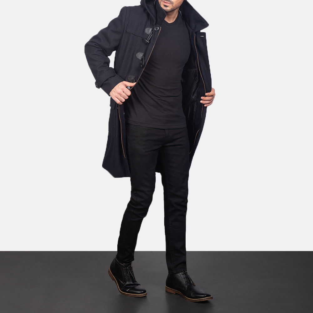 Drake Black Wool Hooded Duffle Coat by Dash Racegear - men Jacket view 1