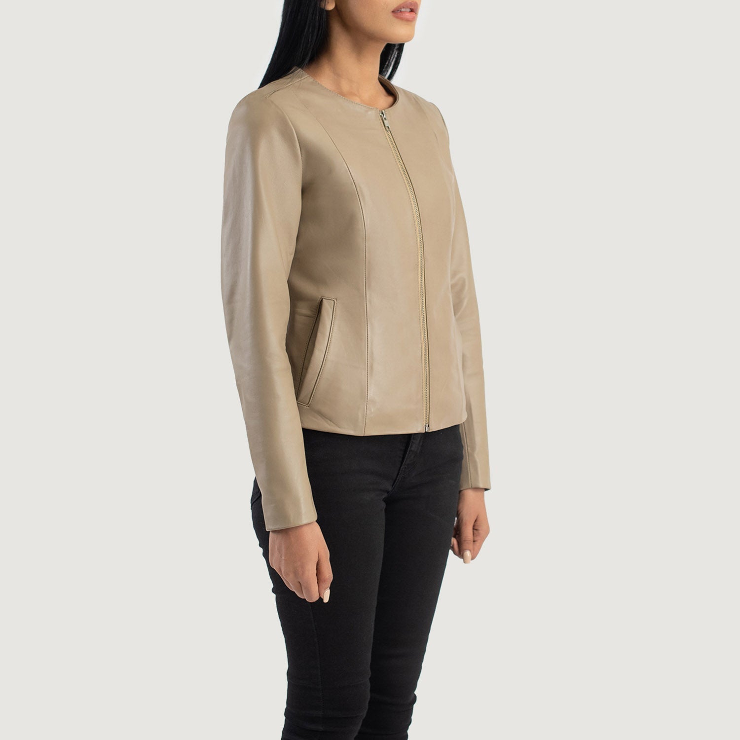 Elixir Beige Collarless Leather Jacket by Dash Racegear - women Jacket view 2