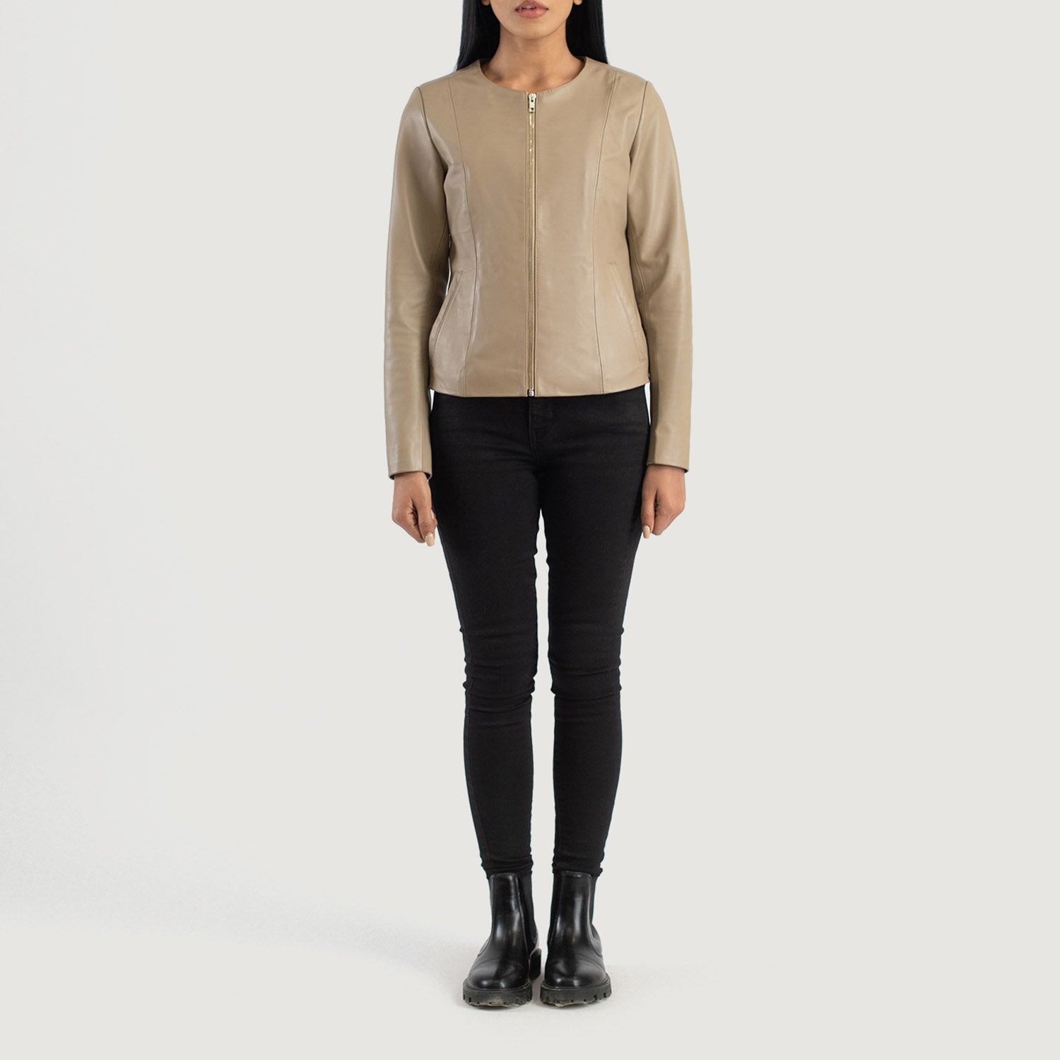 Elixir Beige Collarless Leather Jacket by Dash Racegear - women Jacket view 3