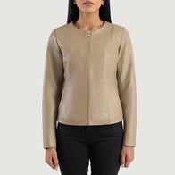 Elixir Beige Collarless Leather Jacket by Dash Racegear - women Jacket view 4