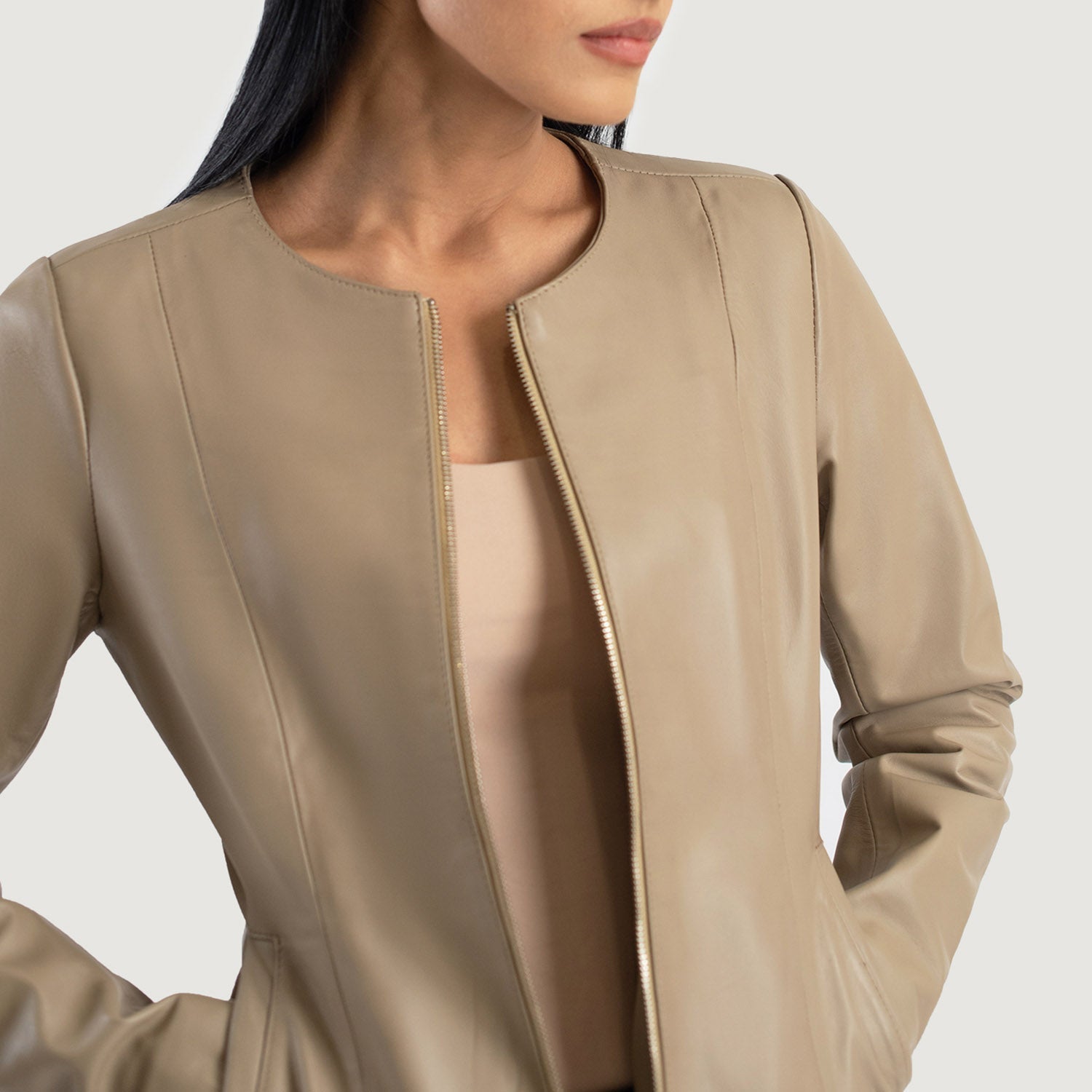 Elixir Beige Collarless Leather Jacket by Dash Racegear - women Jacket view 6