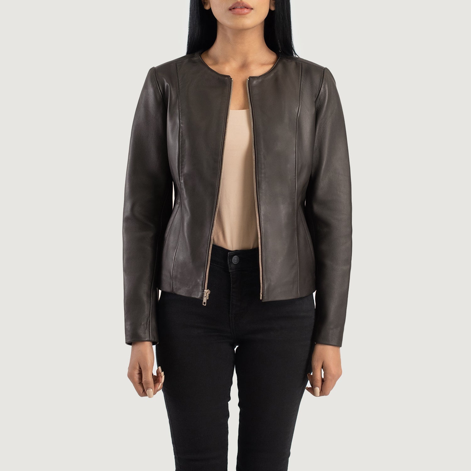 Elixir Brown Collarless Leather Jacket by Dash Racegear - women Jacket view 1