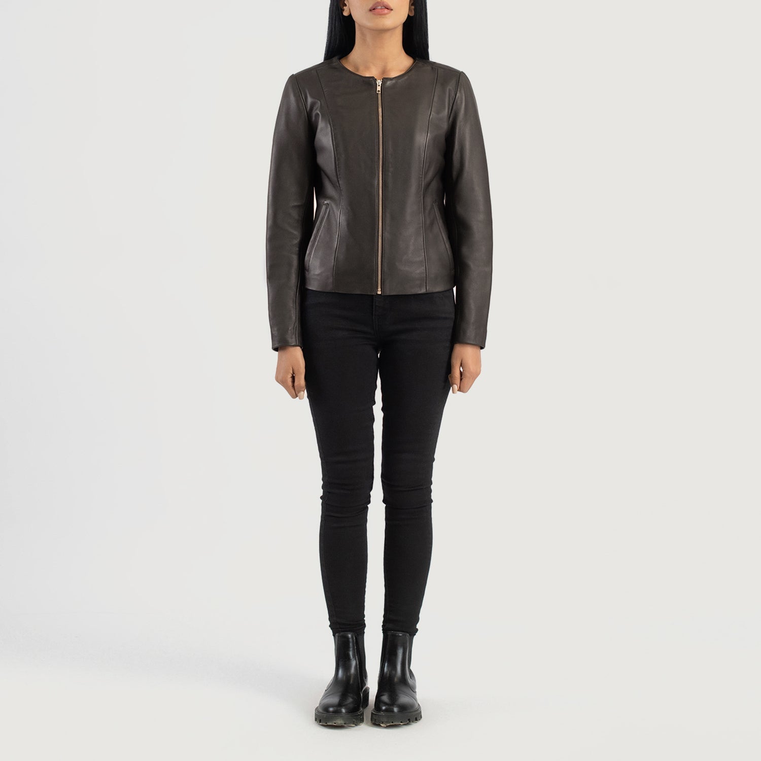 Elixir Brown Collarless Leather Jacket by Dash Racegear - women Jacket view 3