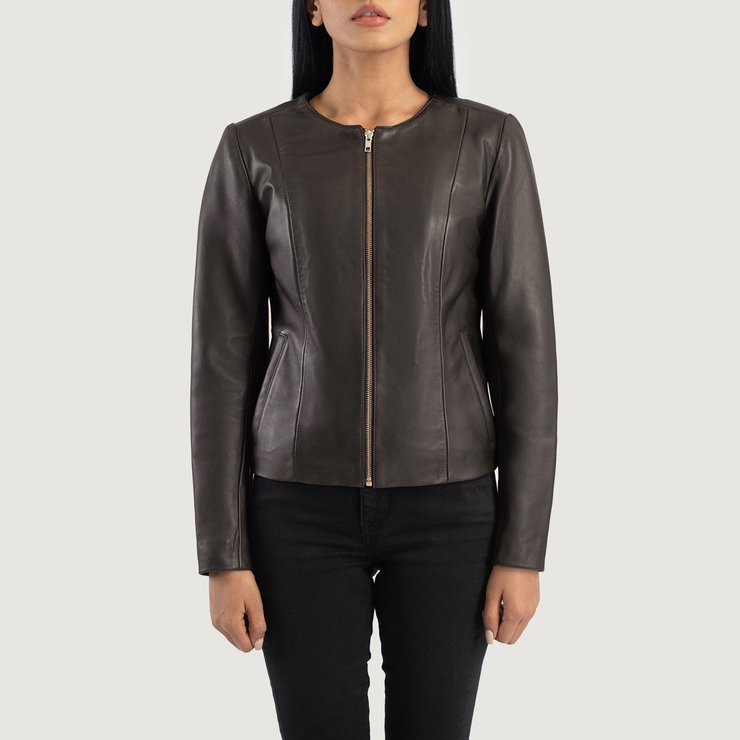 Elixir Brown Collarless Leather Jacket by Dash Racegear - women Jacket view 4