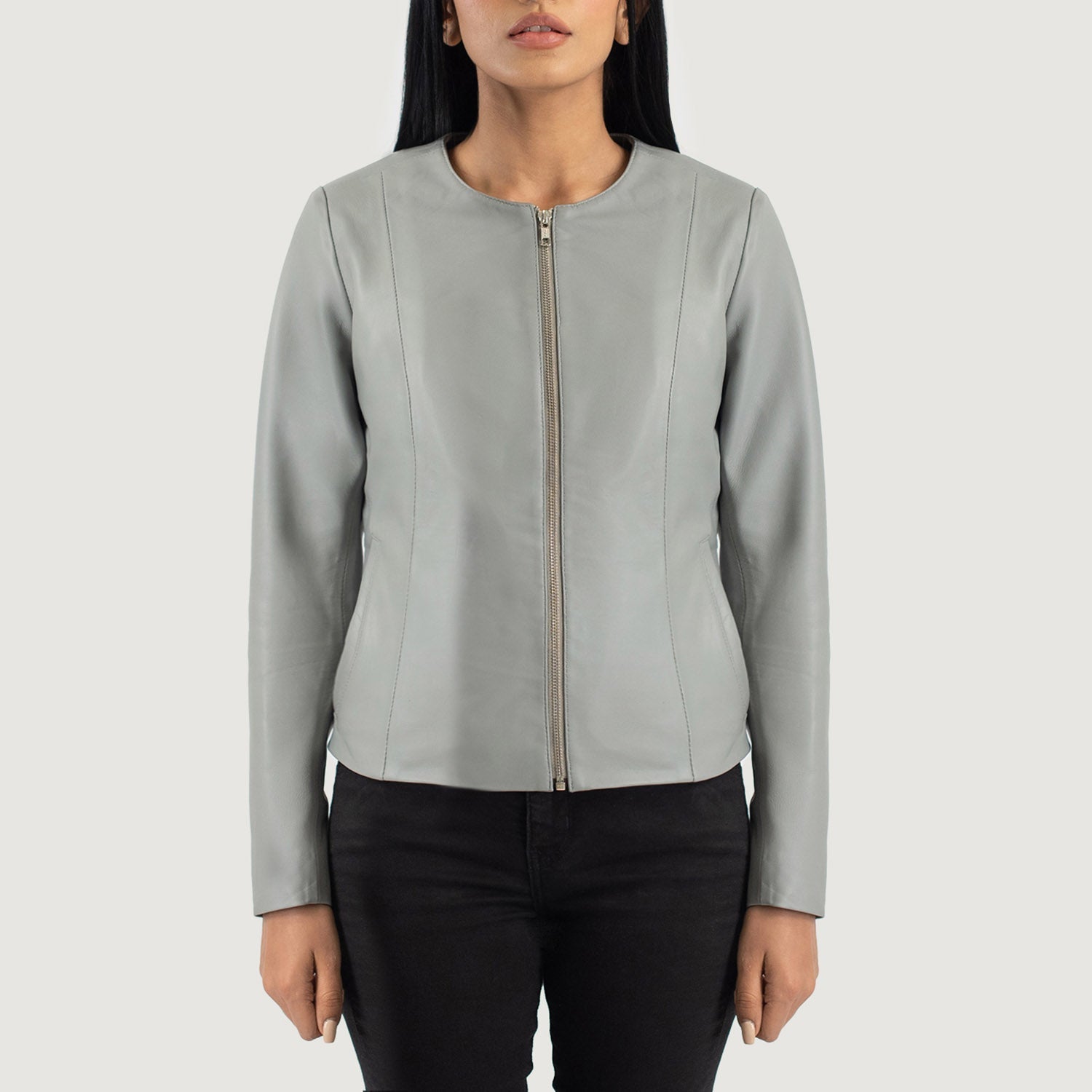 Elixir Grey Collarless Leather Jacket by Dash Racegear - women Jacket view 1