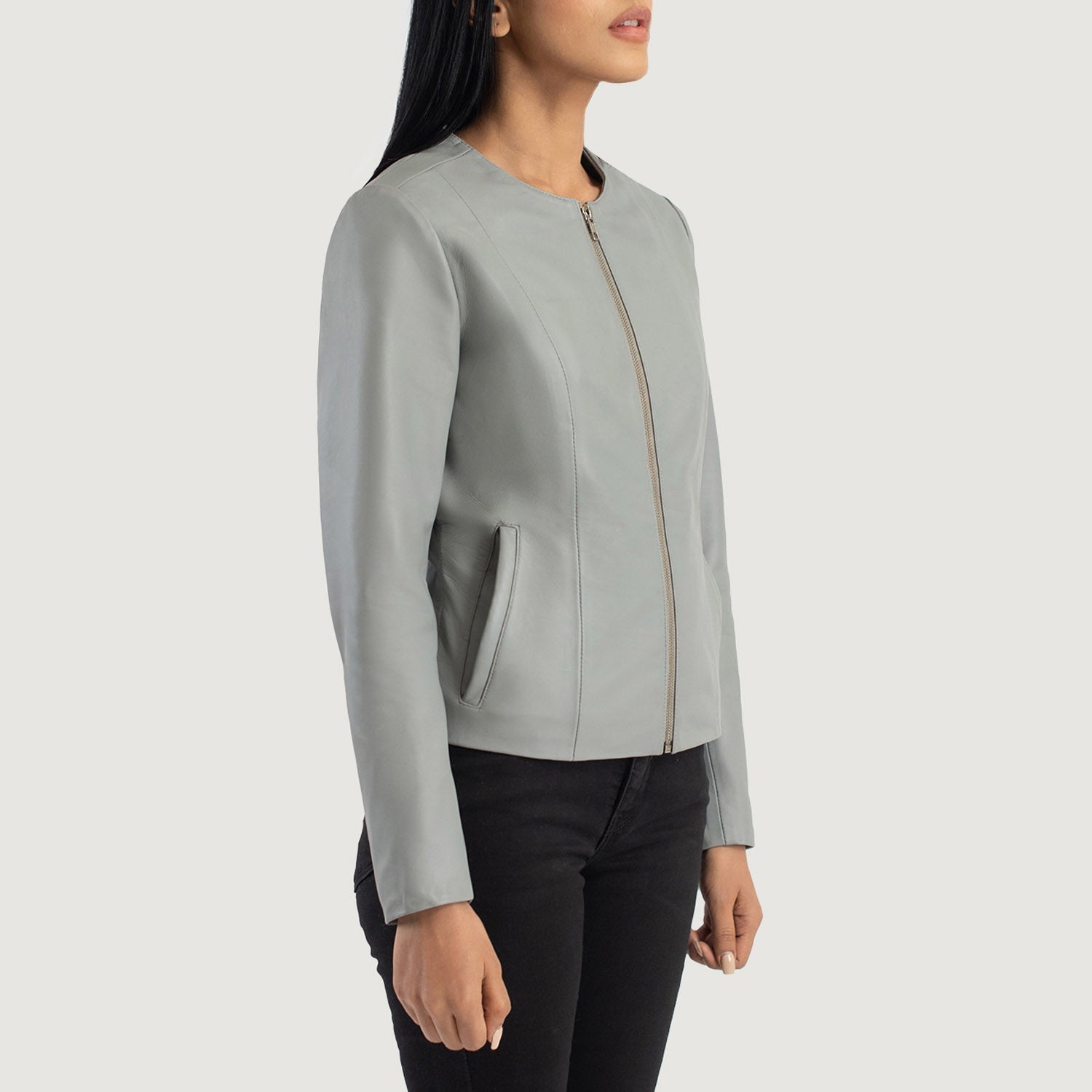 Elixir Grey Collarless Leather Jacket by Dash Racegear - women Jacket view 2