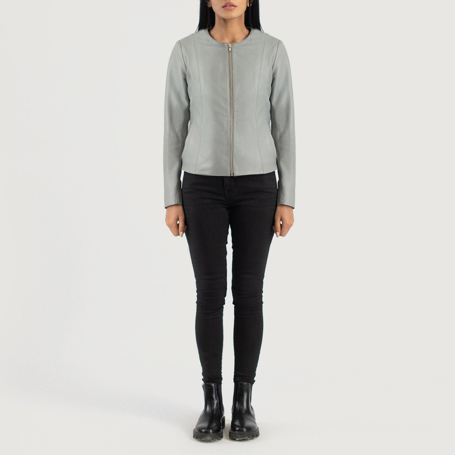 Elixir Grey Collarless Leather Jacket by Dash Racegear - women Jacket view 4