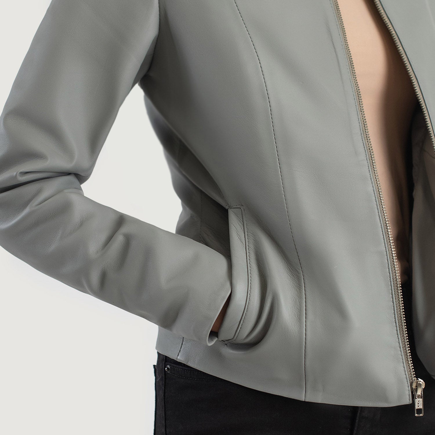 Elixir Grey Collarless Leather Jacket by Dash Racegear - women Jacket view 6