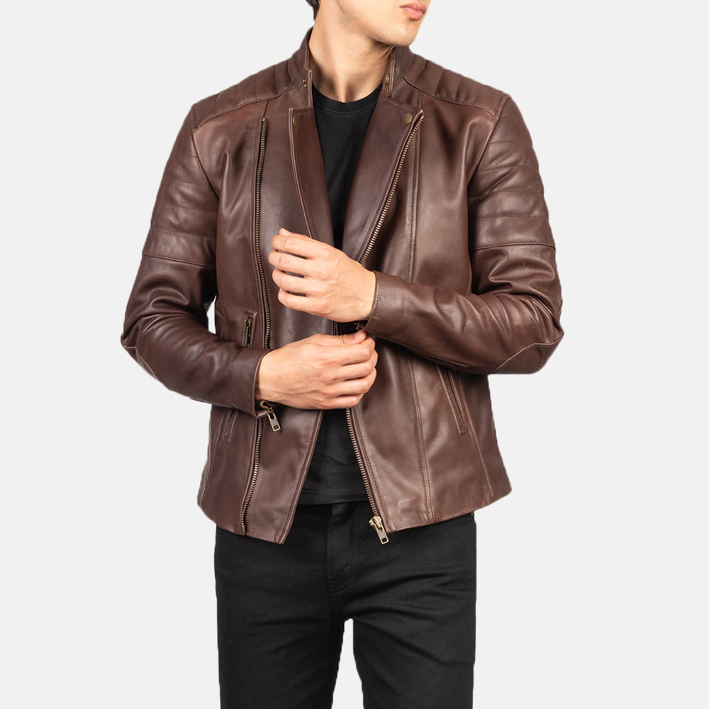 Faisor Brown Leather Biker Jacket by Dash Racegear - men Jacket view 6