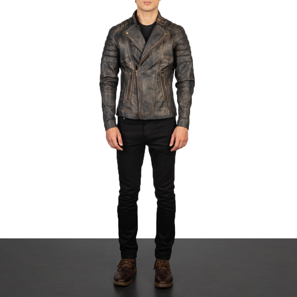Faisor Distressed Brown Leather Biker Jacket by Dash Racegear - men Jacket view 3