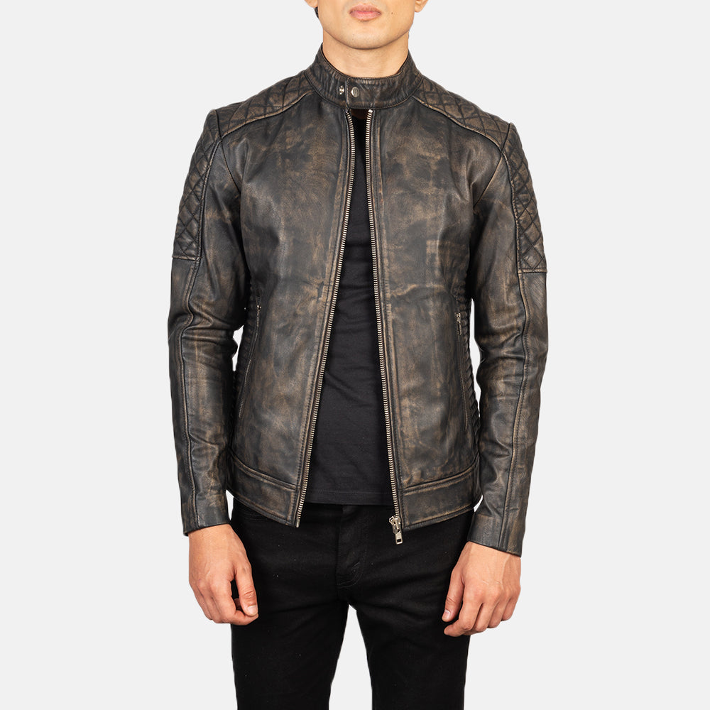 Fernando Quilted Distressed Brown Leather Biker Jacket by Dash Racegear - men Jacket view 1