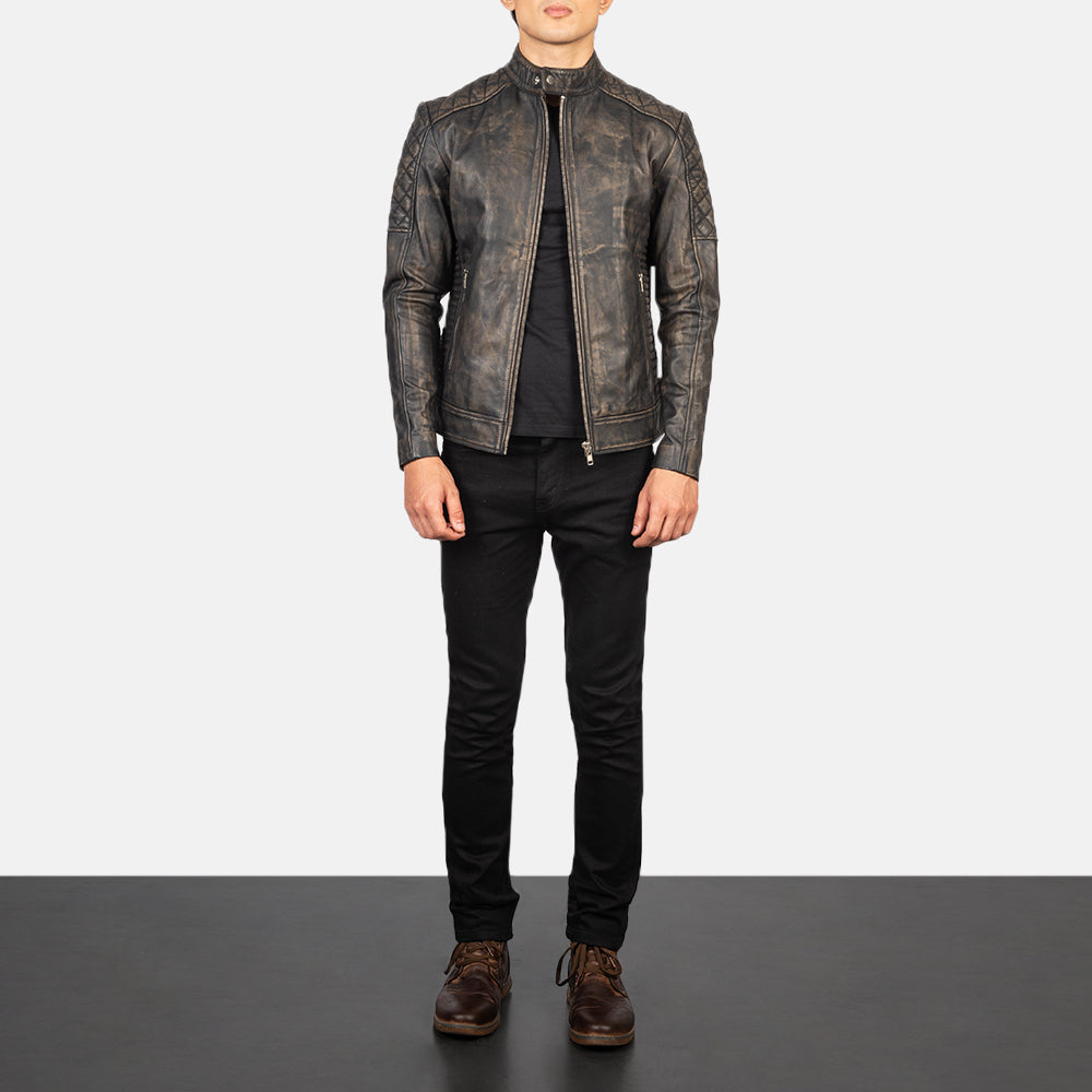 Fernando Quilted Distressed Brown Leather Biker Jacket by Dash Racegear - men Jacket view 3