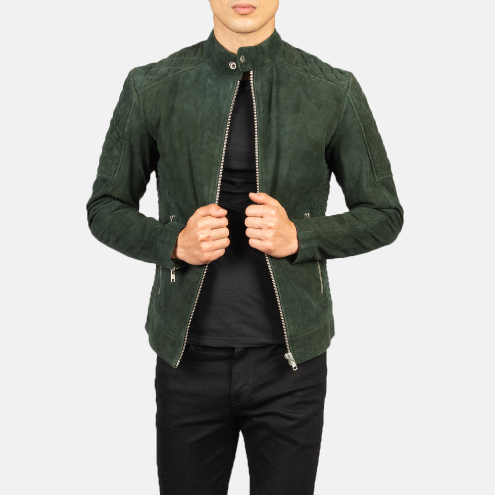 Fernando Quilted Green Suede Biker Jacket by Dash Racegear - men Jacket view 1