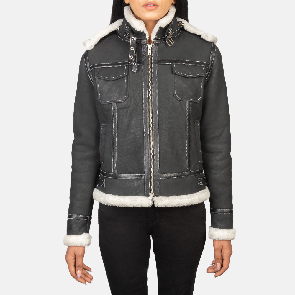 Fiona Black Hooded Shearling Leather Jacket by Dash Racegear - women Jacket view 4