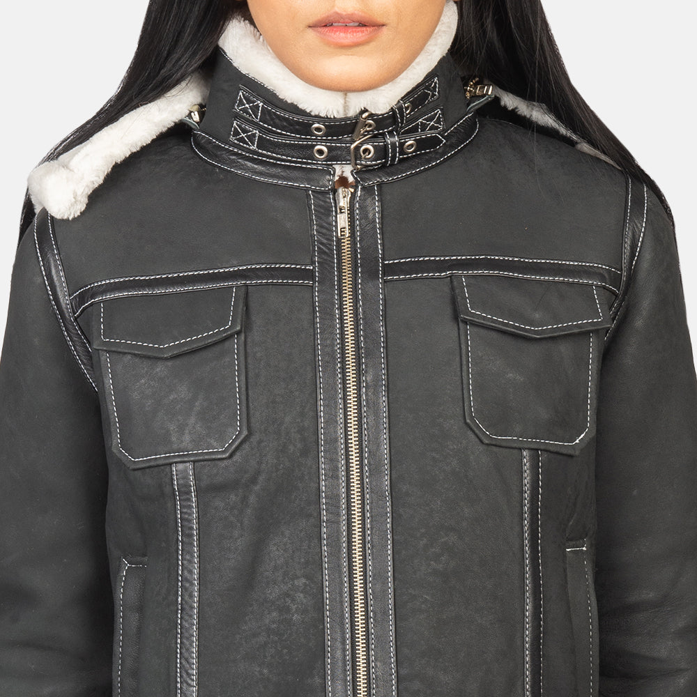 Fiona Black Hooded Shearling Leather Jacket by Dash Racegear - women Jacket view 6