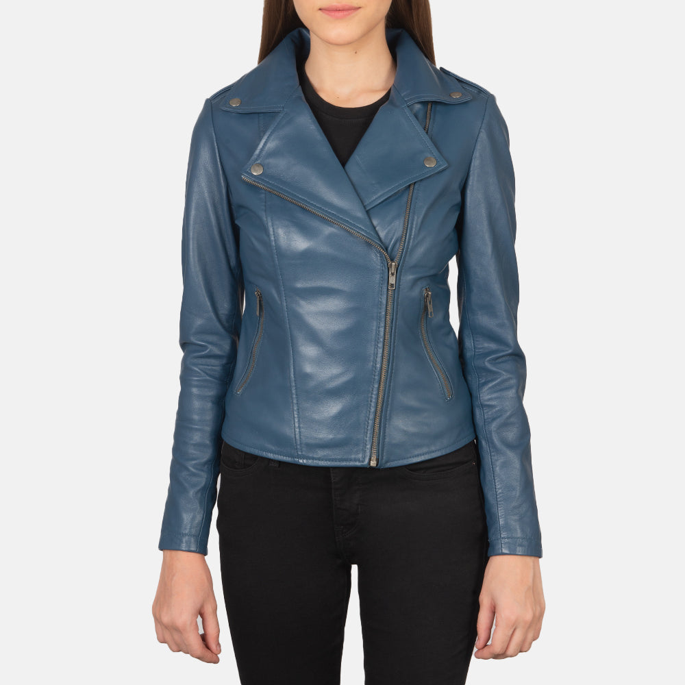 Flashback Blue Leather Biker Jacket by Dash Racegear - women Jacket view 1