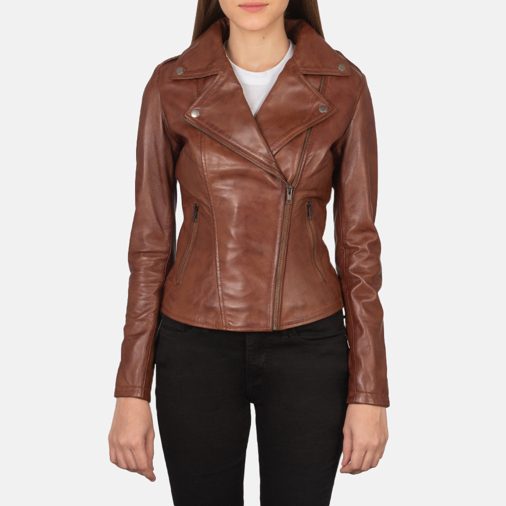 Flashback Brown Leather Biker Jacket by Dash Racegear - women Jacket view 1