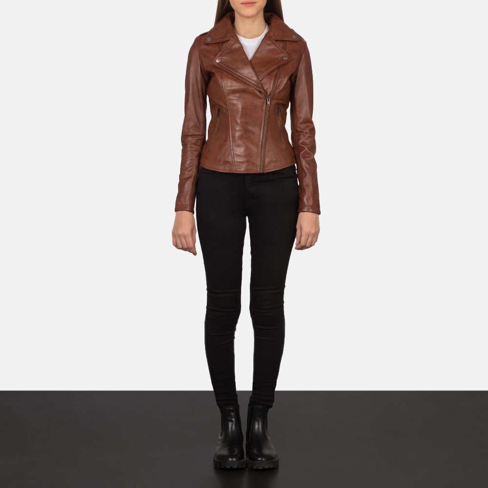 Flashback Brown Leather Biker Jacket by Dash Racegear - women Jacket view 4