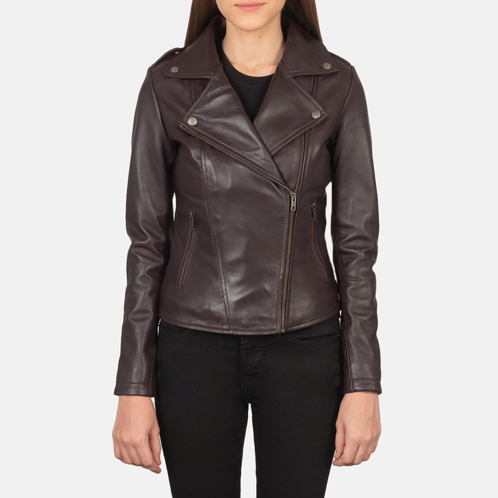 Flashback Maroon Leather Biker Jacket by Dash Racegear - women Jacket view 1