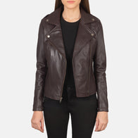 Flashback Maroon Leather Biker Jacket by Dash Racegear - women Jacket view 3