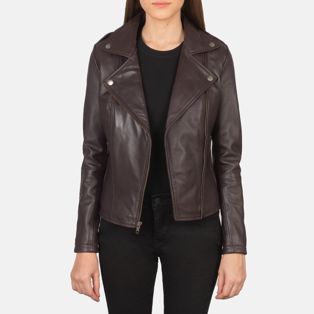 Flashback Maroon Leather Biker Jacket by Dash Racegear - women Jacket view 3