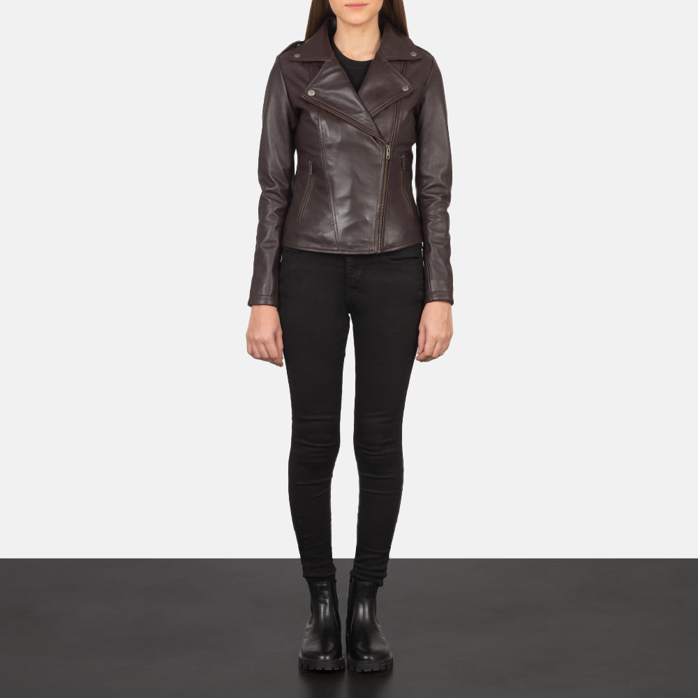 Flashback Maroon Leather Biker Jacket by Dash Racegear - women Jacket view 4