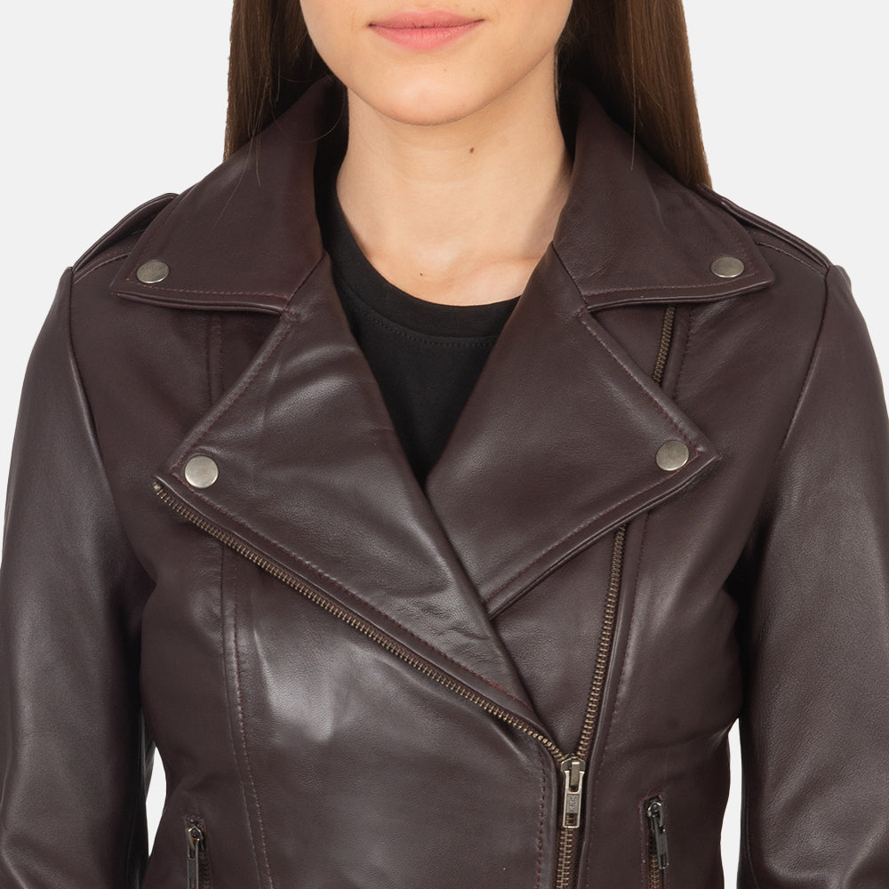 Flashback Maroon Leather Biker Jacket by Dash Racegear - women Jacket view 6