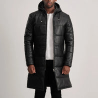 Floyd Black Hooded Leather Puffer Coat by Dash Racegear - men Jacket view 1