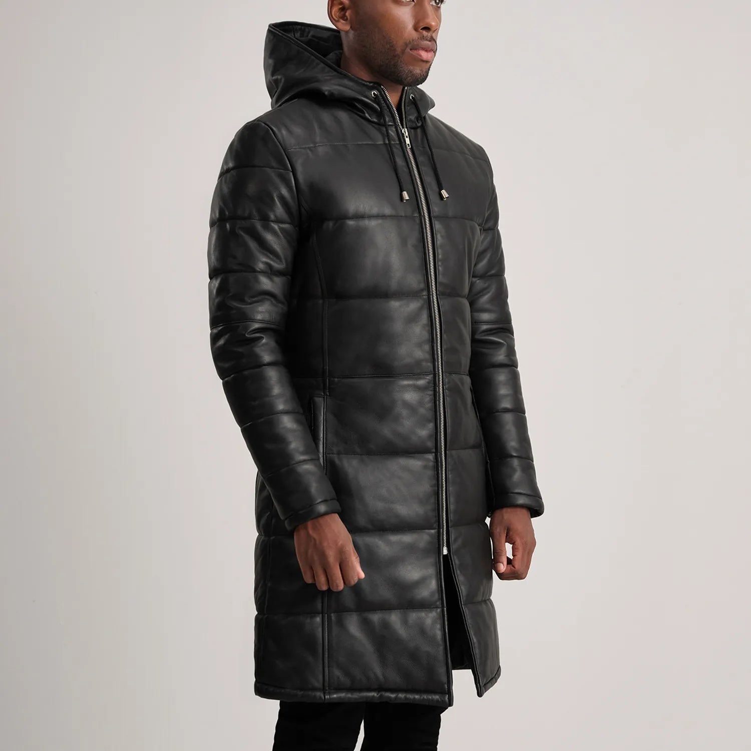 Floyd Black Hooded Leather Puffer Coat by Dash Racegear - men Jacket view 2