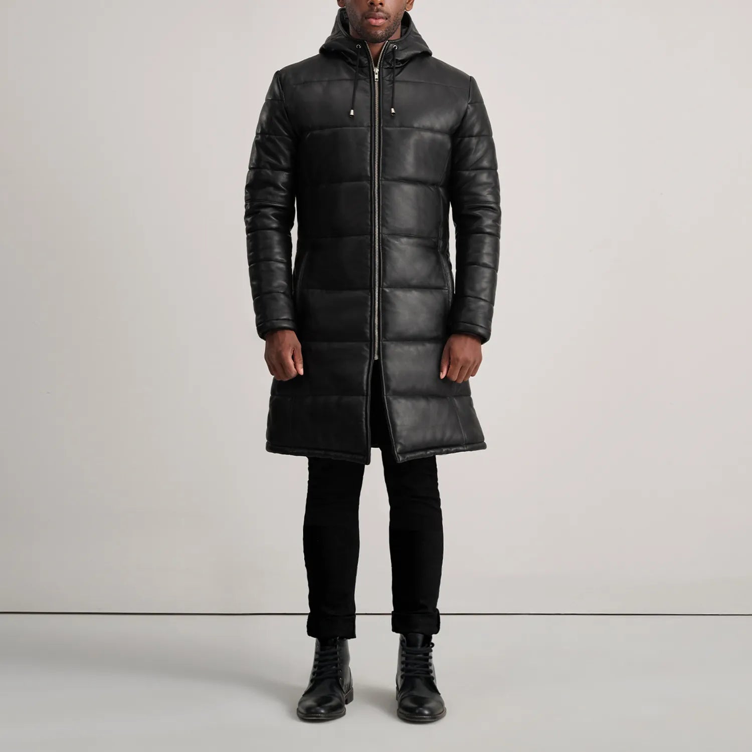 Floyd Black Hooded Leather Puffer Coat by Dash Racegear - men Jacket view 3