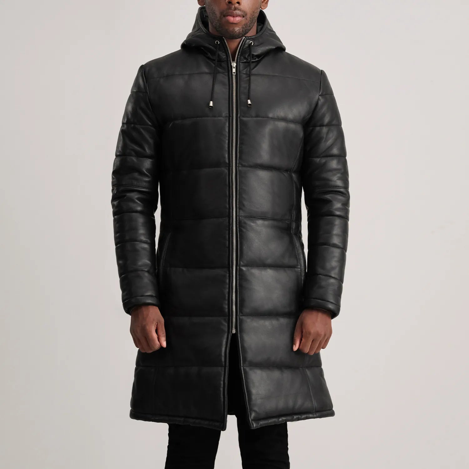 Floyd Black Hooded Leather Puffer Coat by Dash Racegear - men Jacket view 4