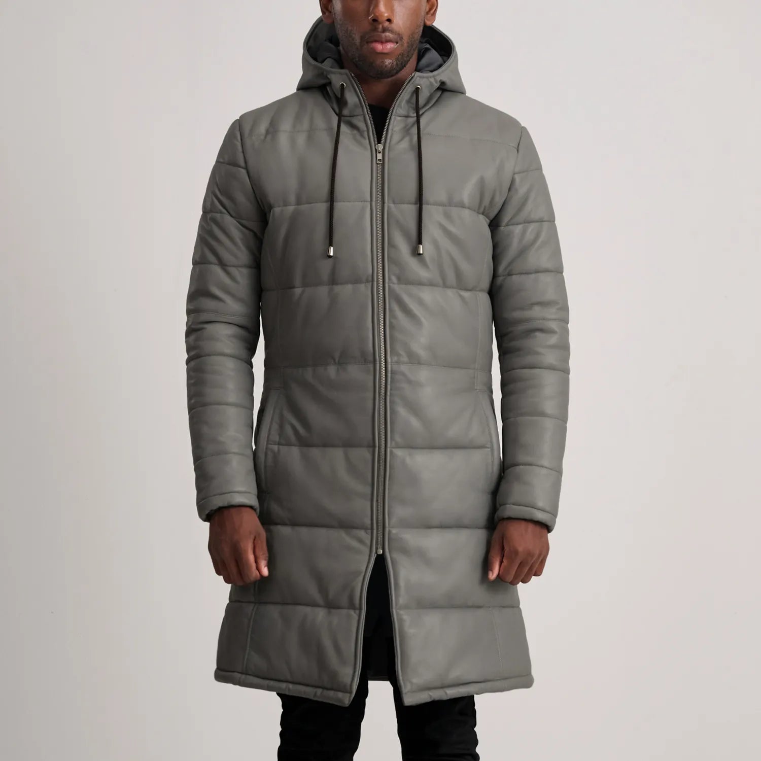 Floyd Grey Hooded Leather Puffer Coat by Dash Racegear - men Jacket view 1