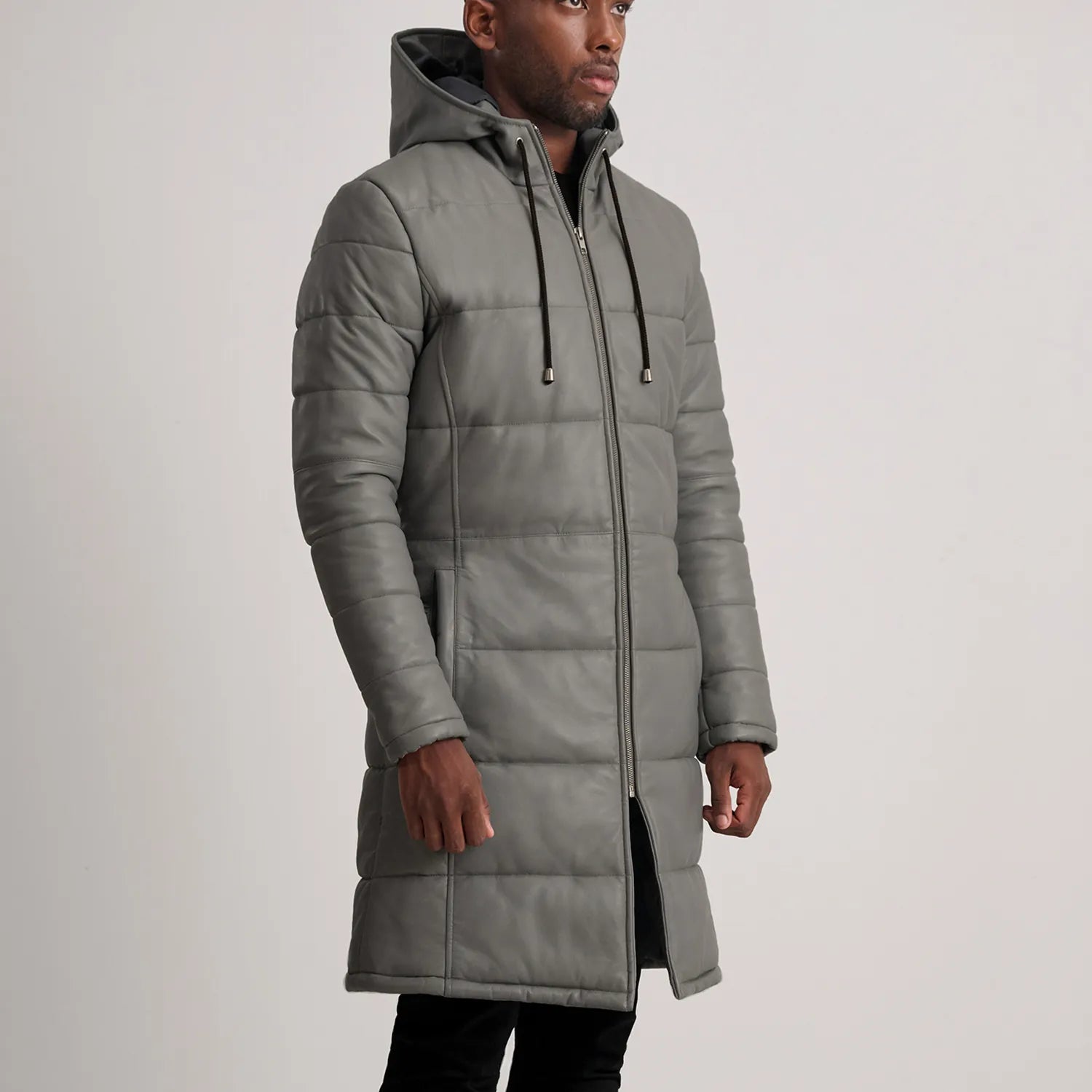 Floyd Grey Hooded Leather Puffer Coat by Dash Racegear - men Jacket view 2