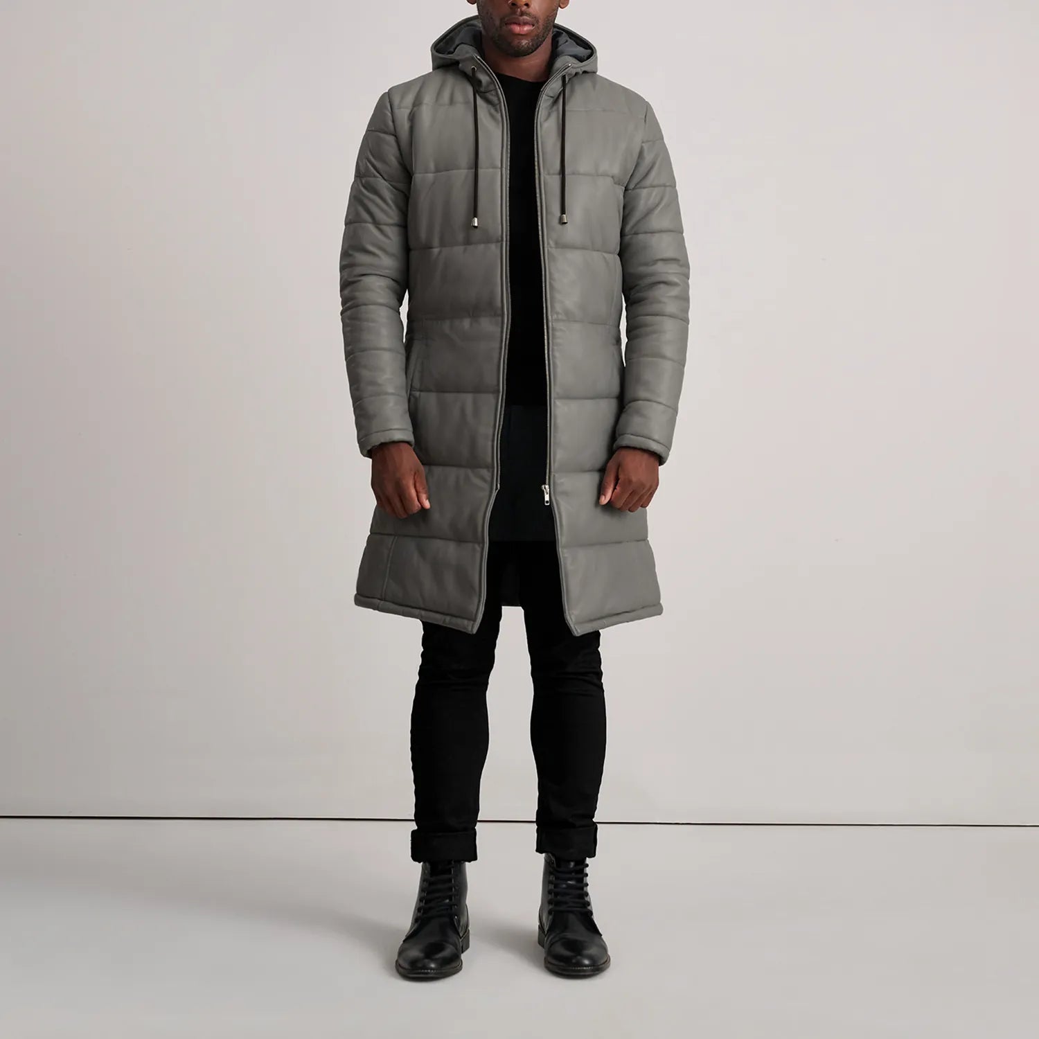 Floyd Grey Hooded Leather Puffer Coat by Dash Racegear - men Jacket view 3